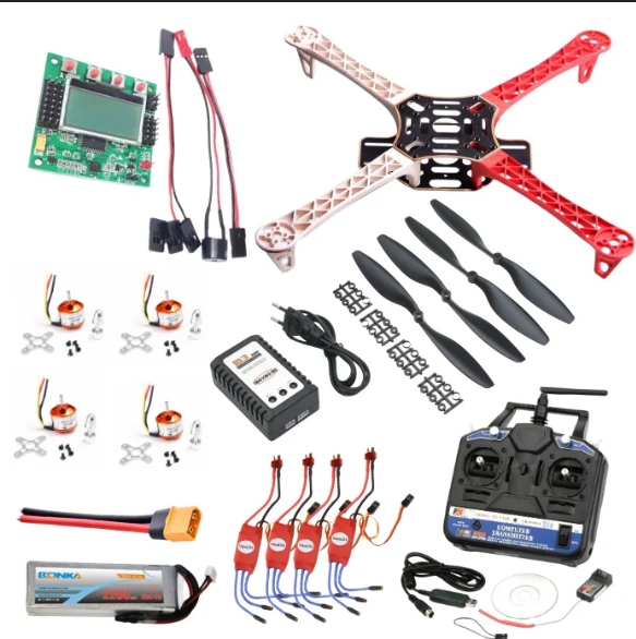 DIY drone kit components: frame, motors, propellers, ESCs, flight controller, battery and radio