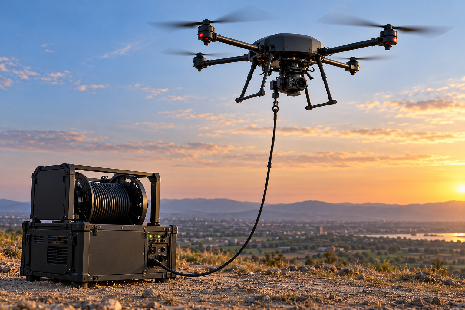 Tethered drone flying above its ground power and cable-reel unit